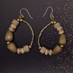 Earrings- Small Ribbed Gold Metal Balls. Natural Stone Beads. Striped Kente Krobo Beads. Tear Shape Wood Beads. Translucent Gold Tone Bugle Beads. Approx. length: 3 inches. 14K Gold Filled Earwire. Pronounced: mo-ron-FOH-LU Origin: Yoruba Meaning: Something to be Dedicated to GOD